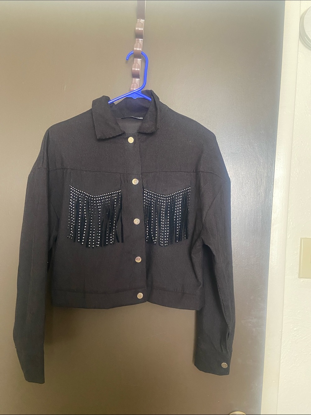 Black Fringe Stud Snap-Front Jacket